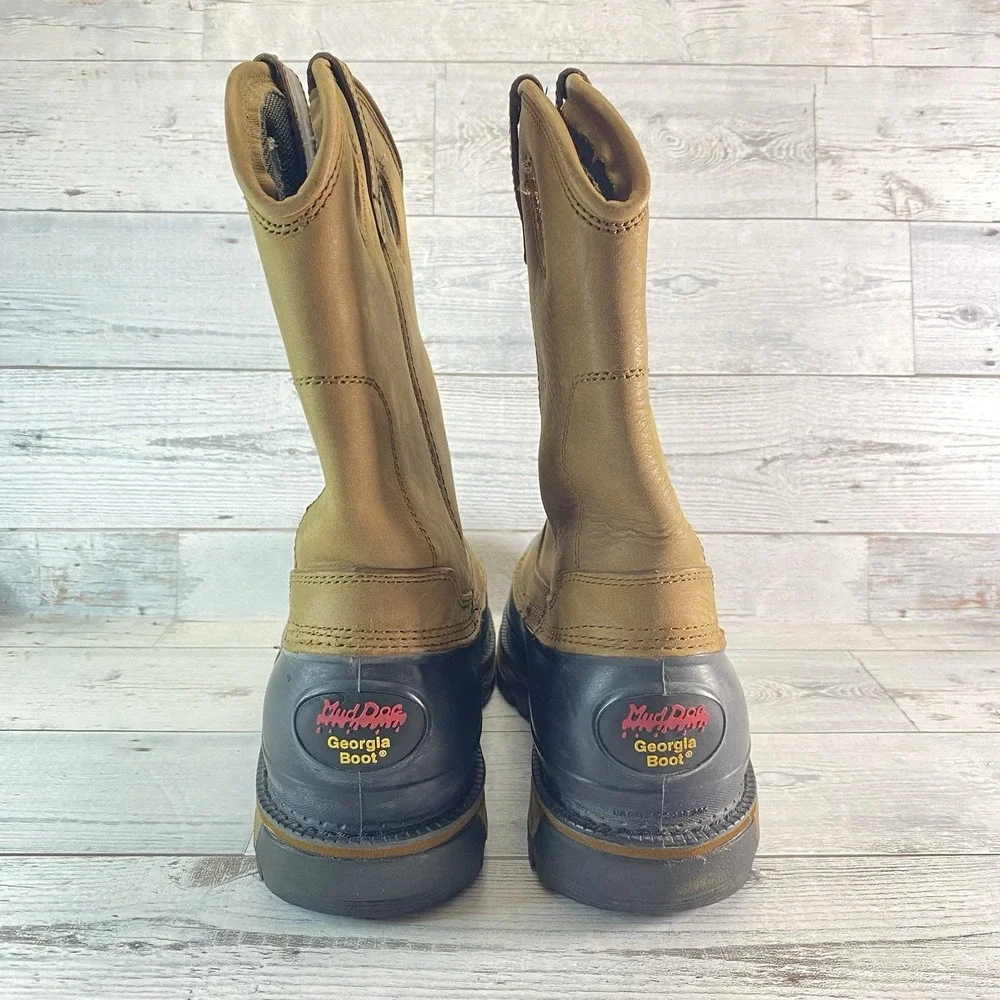 Georgia Boot Mud Dog Boots Mens 12 M Brown Leather Rubber Steel Toe Waterproof